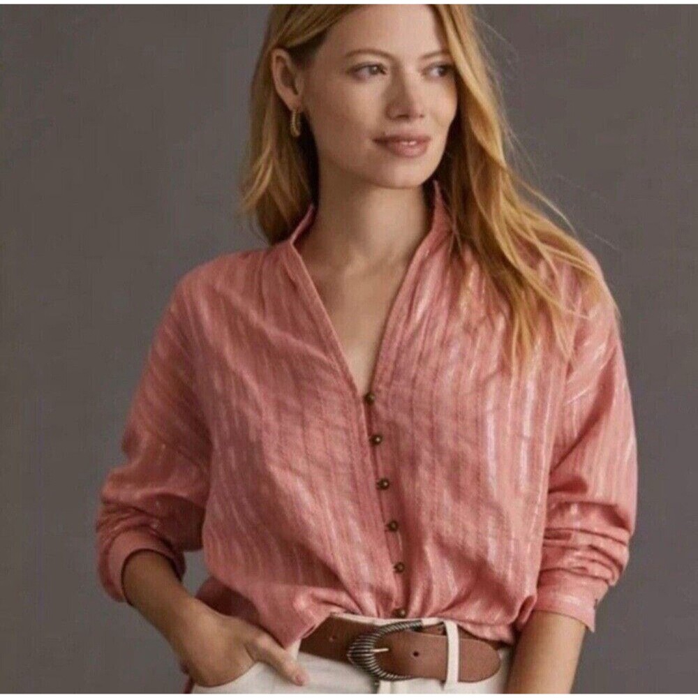 Anthropologie Pilcro Tavi Stripe Oversized Button Up Blouse Size XSP Raw Hem
